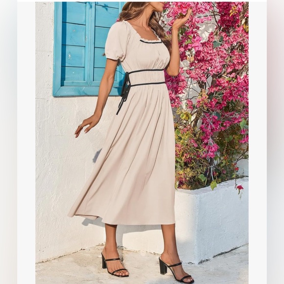 NWT BEIGE BOHO OFF/ON SHOULDER MIDI DRESS-S - Picture 11 of 15